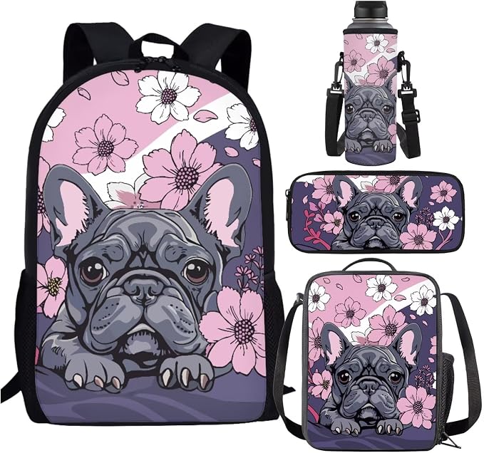 French Bulldog Backpack and Lunch Box for Girls 6-7/7-8 Floral Kids Bookbag with Lunch Bag Set 4PCS Elementary School Back Pack Lunchbox Pencil Case Water Bottle Holder Preschool Book Bags by SCRAWLGODDreamWardrobe