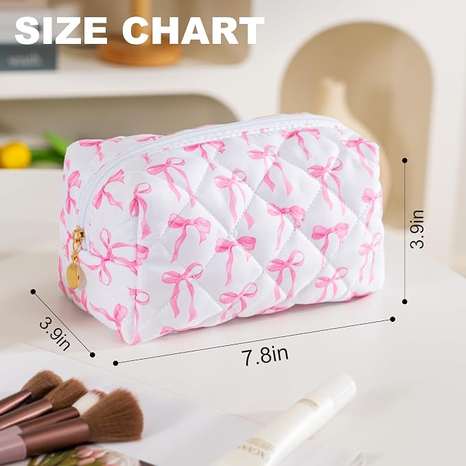 Makeup Bag Travel Toiletry Bag for Women, Small Cosmetic Bags Cute Quilted Cotton Makeup Pouch for Purse Emergency Bag Pencil Case Accessory Bag, Ribbon Bow - Image 4