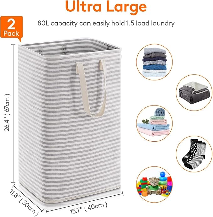 Lifewit 2 Pack Laundry Basket 80L Each, Collapsible Clothes Hamper with Reinforced Handles, Freestanding Waterproof Design for Bedroom and Laundry Room, Grey 160L Total - Image 2