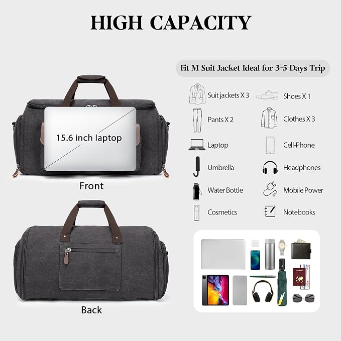 Canvas Garment Bags for Travel, Convertible Carry On Garment Duffel Bag for Men Women, 2 in 1 Suit Bag Hanging Suitcase Business Travel Bag with Shoe Compartment (Grey, L) - Image 4