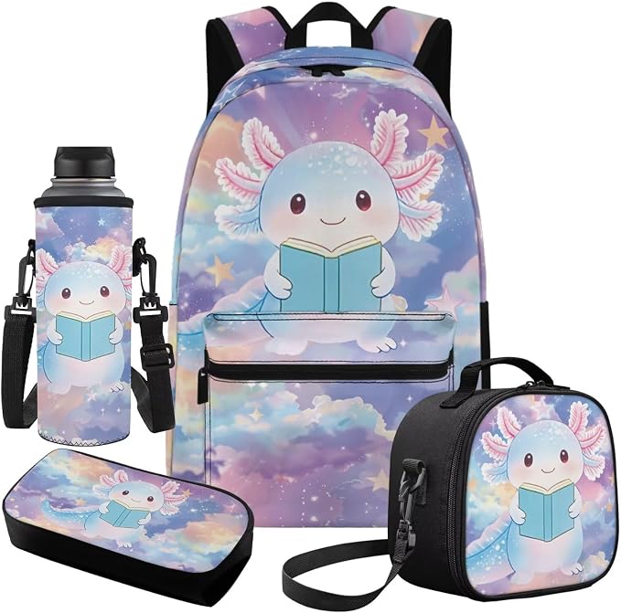 Axolotl Backpack for School Kids Boys 10-12 Galaxy Cute Bookbag with Lunch Box 4-in-1 Set Boys Backpack with Adjustable Straps 5th 6th Grade Backpacks for Girls School Bag Set - Image 2