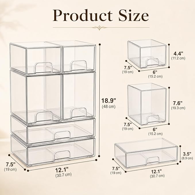 Clear Stackable Storage Drawers: Baby Bottle Storage Organizer, Acrylic Bottles Station Organizer Container for Countertop, Vanity, Bathroom, Cabinet Organization - 6 Pack - Image 2