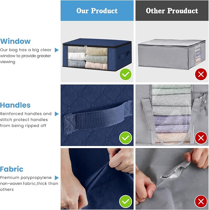 HomeHacks Storage 3-Pack Clothes Organizer Storage Bags Foldable Storage Box with Large Clear Window Sturdy Handles for Closet, Dorm, Pillows, Bedding, Clothes, Blankets, 35L, Blue - Image 5