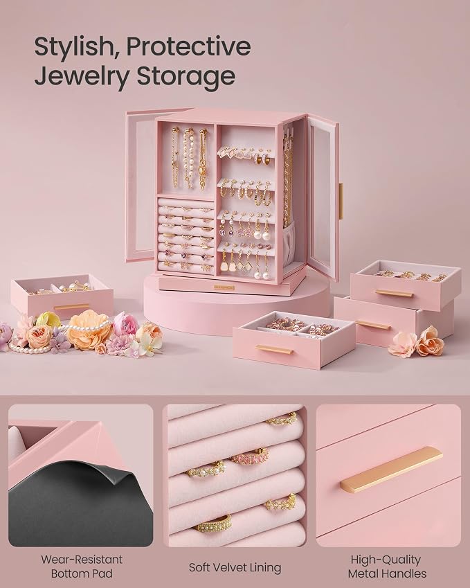 SONGMICS GISELLA Collection - Jewelry Box Organizer 360° Rotating, Vertical Jewelry Storage Case with 5 Drawers, Glass Window, Spacious, Open Design, Great Gift, Pink UJBC170R01 - Image 5