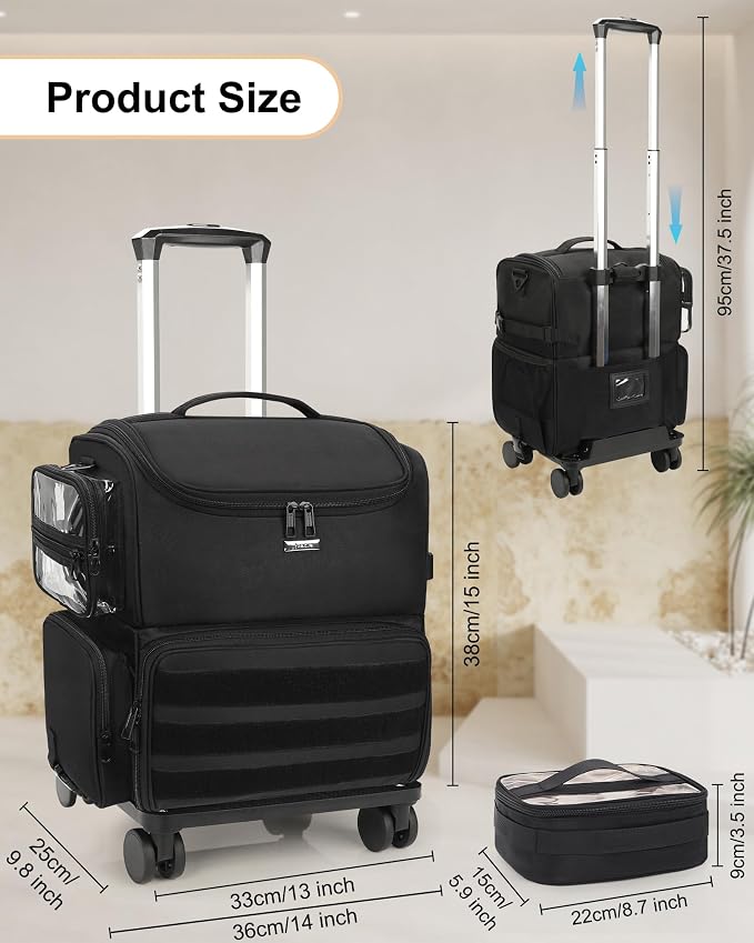 Relavel Rolling Makeup Case, Professional Makeup Artist Set Bag Cosmetic Organizer with 4 Clear Bags & Adjustable Dividers, Large Capacity Travel Train Case, Black - Image 2