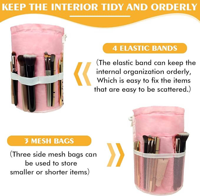 INVODA Drawstring Makeup Bag for Women Cosmetic Bag Large Travel Make up Bags Portable Barrel Toiletry Bag Toiletries Pouch Travel Cosmetic Organizer (Pink) - Image 3