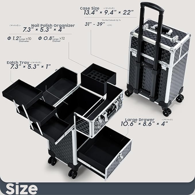 Hododou Rolling Makeup Case Cosmetic Travel Trolley Storage Sliding Drawer 4 Tray Makeup Travel Case with Wheels Salon Barber Case Traveling Cart Trunk for Cosmetologist Nail Tech Hairstylist Black - Image 6