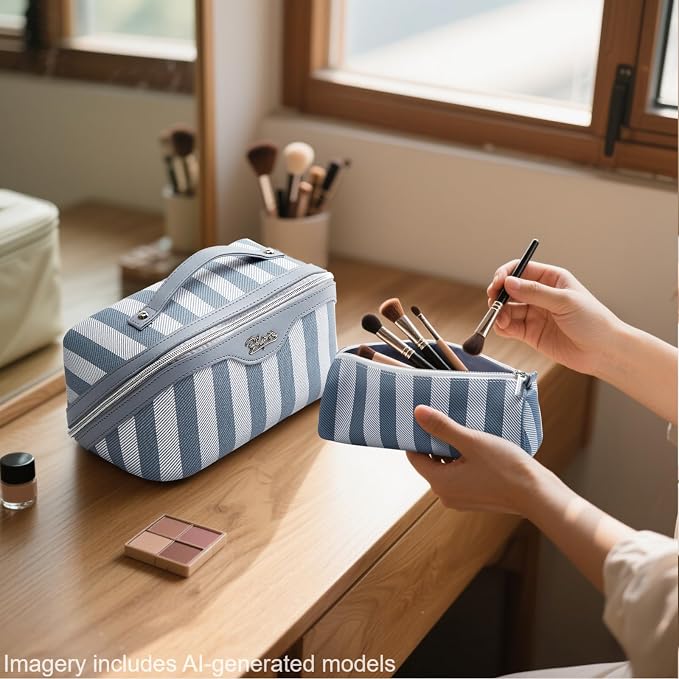 BOYATU Travel Makeup Bag Cosmetic Bag for Women: 3 Pcs Set Striped Make up Bag with Compartments - Waterproof Vegan Leather Toiletry Bags with Handle - Makeup Organizer for Travel Essentials(A-1-Blue) - Image 7