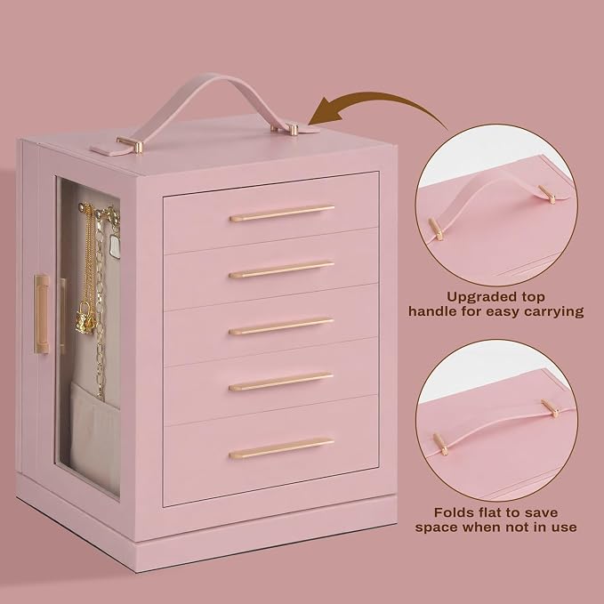 360° Rotating 5‑Drawers Jewelry Box with Top Handle & Glass Window, Spacious Vertical Jewelry Organizer, Jewelry Storage Case, Dustproof & Moisture‑resistant Design. (Pink) - Image 2