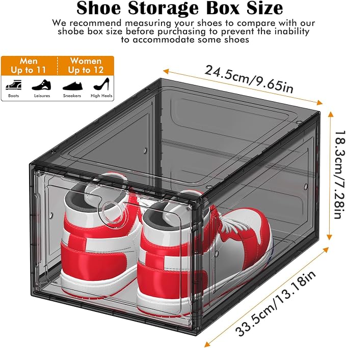ARSTPEOE 6-Pack Black Shoe Storage Boxes Magnetic Stackable | Upgraded Harder Material, Stackable Space-saving, Fits Sneakers & Boots, Clear Magnetic Front Door - Image 2