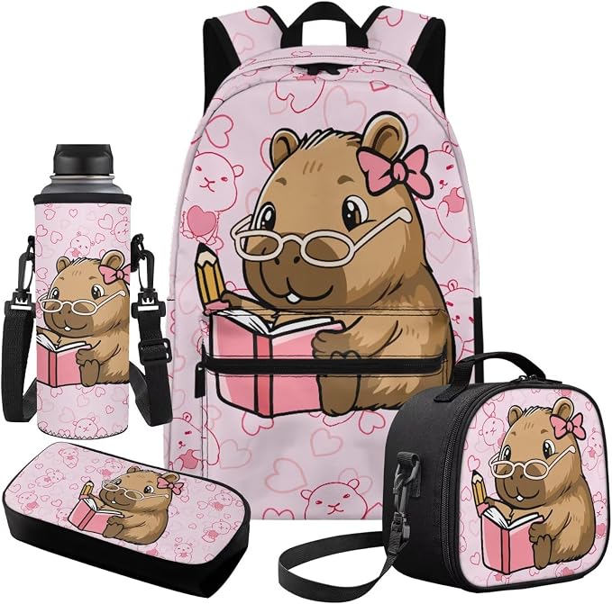 Learning Capybara School Bags for Girls 10-12 7-10 Cute Girls Backpack and Lunch Box Set of 4 Backpack for Elementary Middle School Lightweight 17 Inch Bookbag Daypack - Image 2