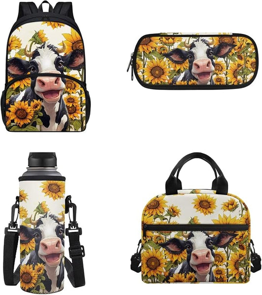 POLERO Sunflower Cow Bookbag School Bag Set for Elementary Back to School Girls Lightweight Backpack with Lunch Box by WelcometoPOLERO