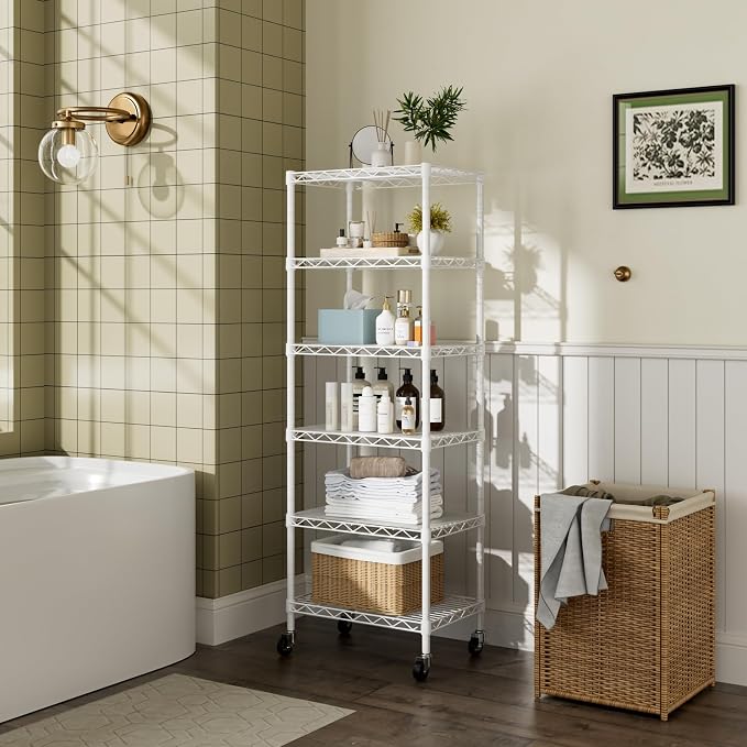 Golpart Small 6 Tier Shelves Storage Wire Shelving Unit Metal Shelf Adjustable Organizers Storage Shelving with Wheels for Bathroom Laundry Room Kitchen Pantry11.7”D x 17.7”W”W x 61.6”H White - Image 7