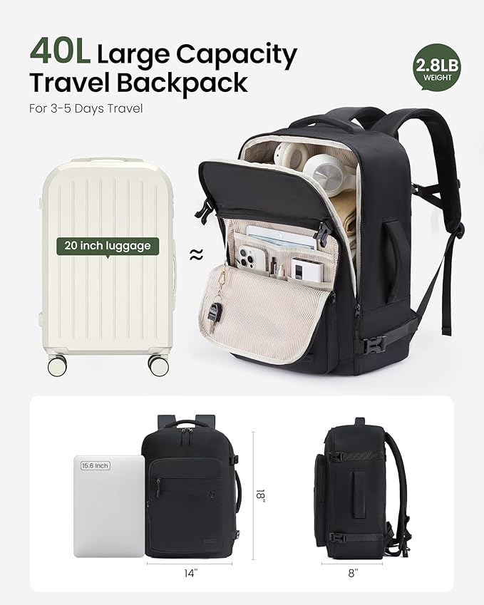 LOVEVOOK 40L Carry on Backpack, Large 17 Inch Travel Backpack for Women Men, Personal Item Bag Airline Approved with 3 Packing Cubes, Hiking Backpack Waterproof Weekender Essentials Casual Daypack - Image 3