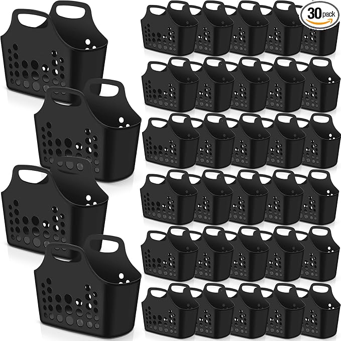 Nuogo 30 Pack Black Basket with Handles Plastic Oval Carry Totes with Handles Caddy Multipurpose Organizer Reusable for Bathroom Dorm Communal Showers Kitchen School, 10.6" x 6" x 10" by Nuogo
