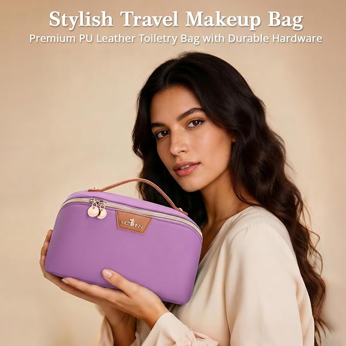 Travel Makeup Bag for Women: 3-in-1 Large Capacity Cosmetics Organizer with 2 Detachable Pouch - Vegan Leather Flat Open Toiletry Bag - Travel Essentials for Full-Sized Bottles(01-Purple) - Image 9