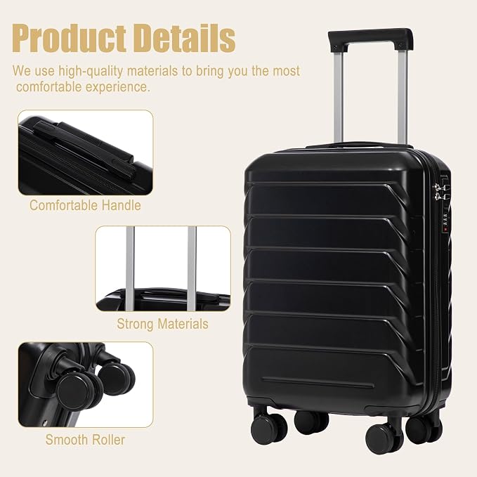 GDFStudio 20" ABS Hardshell Checked Luggage, Medium Capacity Travel Suitcase with Scratch Resistant Surface, 360° Silent Spinner Wheels, Combination Lock, Telescopic Handle and Side Hooks, Black - Image 4
