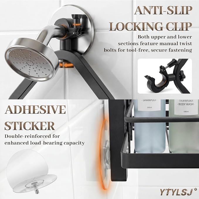 4-Tier Hanging Shower Caddy for Handheld Showerhead, Heavy-Duty Stainless Steel with Dual-Rotating Clamp, Matte Black - Image 3