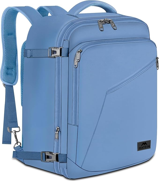MATEIN Carry on Backpack with Hide Away Shoulder Strap for Travel, Blue | Expandable Big Backpack, Airline Approved, Large Hiking Daypack with 2 Handles, Gifts for Traveler Women by MATEIN