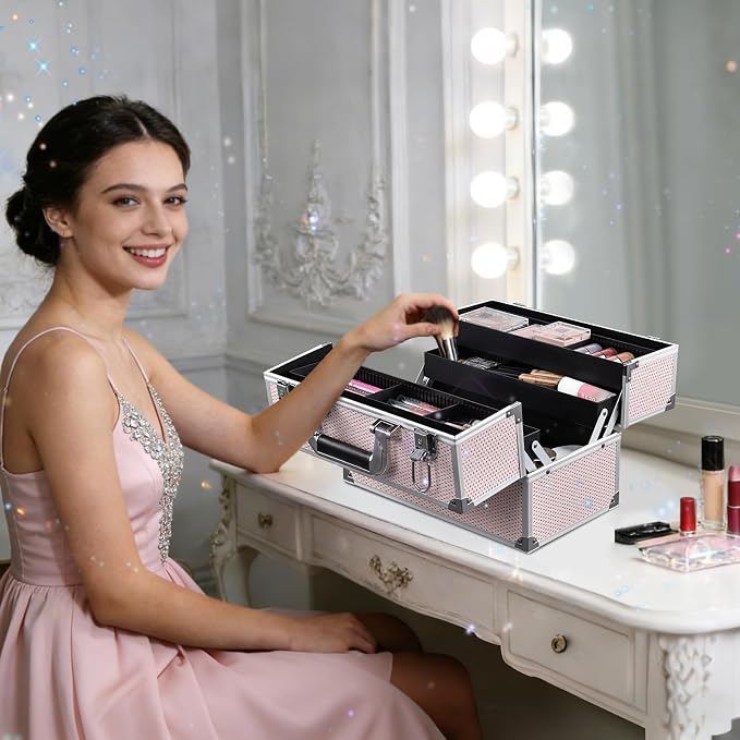 Stagiant 12.6 Inch Large Makeup Train Case, Professional 4 Trays Cosmetic Cases Makeup Storage Organizer Box Beauty Make Up Box with Lock&Adjustable Compartments for Nail, Accessories, Skincare, Pink - Image 5