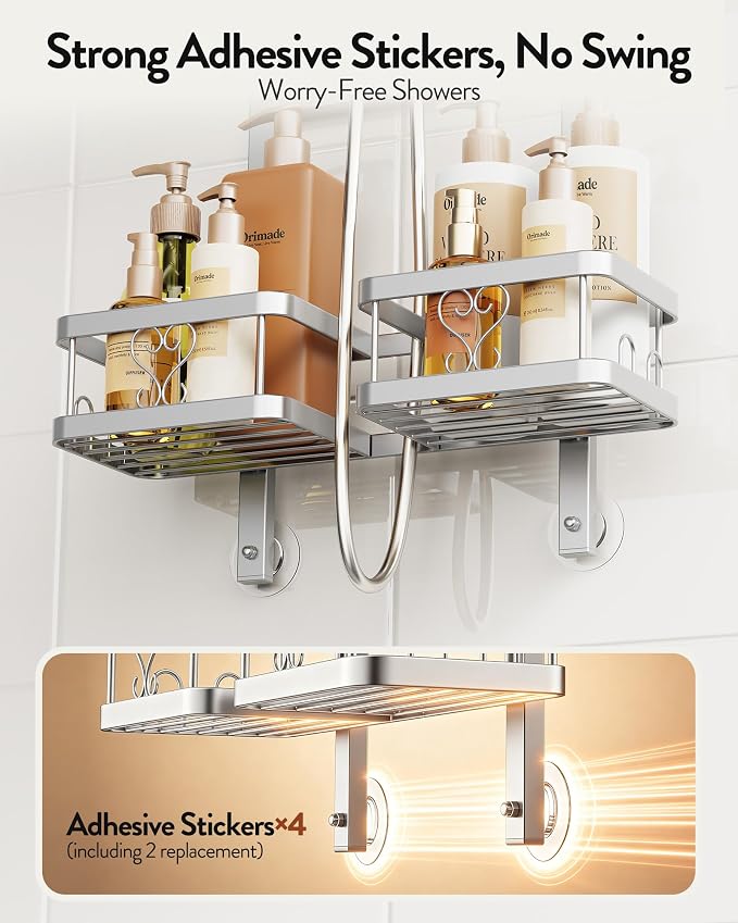 Orimade Adjustable Hanging Shower Caddy for Handheld Shower Heads, Rustproof Bathroom Shelf Organizer Over Showerhead Storage Rack with 8 Hooks, Easy-Clean Removable Baskets & Triple Anti-Slip, Silver - Image 7