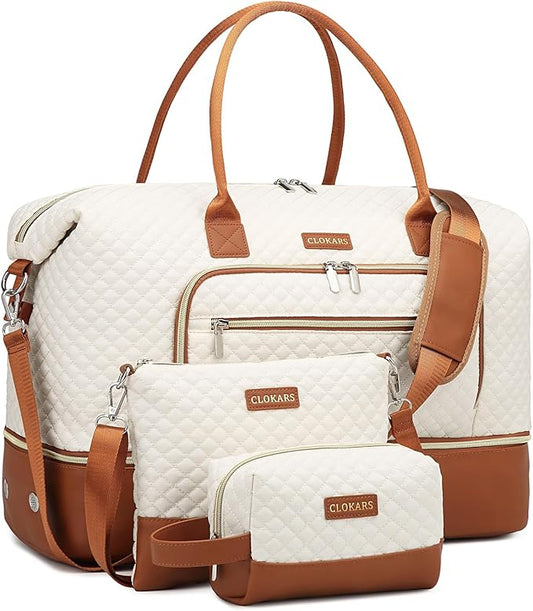 Weekender Bags for Women, Travel Tote Duffle Bag Carry On Overnight Bag with Cosmetics Bag and Crossbody Purse for Gym Hospital, Gifts for Women, Beige Brown by Unknown