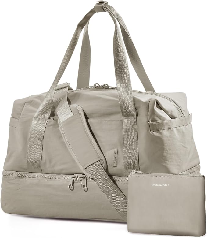 Weekender Bags for Women, BAGSMART Travel Duffel Bags with Shoe Compartment,Personal Item Travel Bag for Airlines, Carry on Overnight Tote Bag with Toiletry Bag(Beige,2pcs) by BAGSMART
