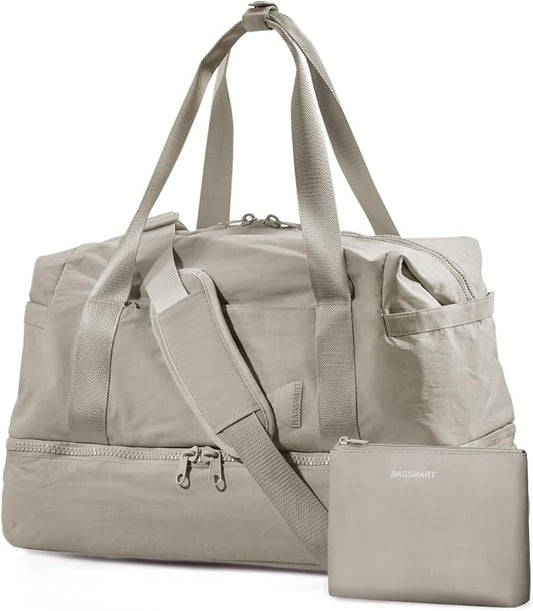 Weekender Bags for Women, BAGSMART Travel Duffel Bags with Shoe Compartment,Personal Item Travel Bag for Airlines, Carry on Overnight Tote Bag with Toiletry Bag(Beige,2pcs) by BAGSMART