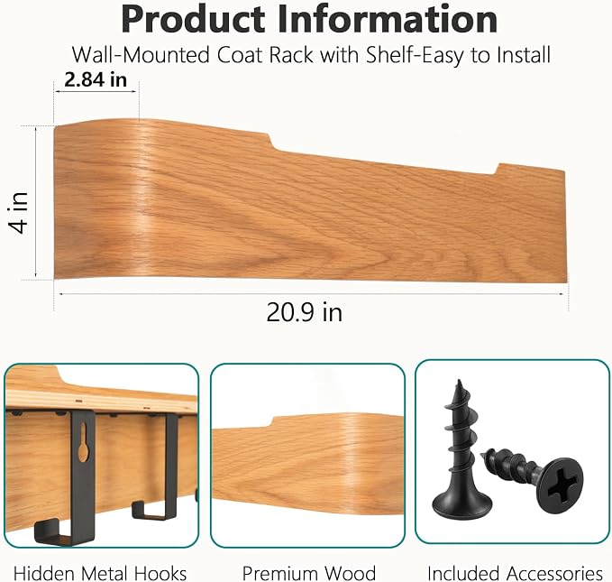 Coat Rack Wall Mount with Hidden Hooks Modern Key Holder Wood Entryway Hook with Shelf for Bedroom Kitchen Hallway Bathroom Designed for Hanging Coats Hats Bags Towels Dog Leashe(Oak,5 Hooks) - Image 3