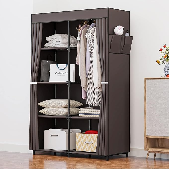 SORCEDAS Portable Closet Wardrobe Organizer Storage with Cover Non-Woben Fabric Portable Wardrobe Closet for Hanging Clothes Racks Shelving 33 Inch for Bedroom, Blue (Coffee, 33Inch) - Image 2
