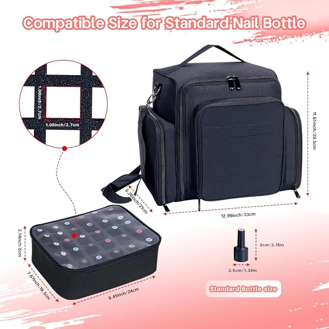 Nail Polish Organizer Case Hold 90 Bottles with 3 Detachable Bag,Black | Portable Travel Storage Box Designed for Women's Nail Tools, Essential Oils and Cosmetics Sets - Image 3