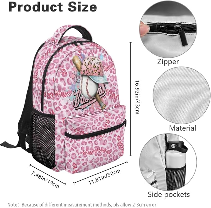 Pink Leopard Baseball Cap Backpack Set, Lightweight School Bag with Insulated Lunch Bag & Pencil Case and Dinosaur Charm for Girls Kids Sports School 17 Inch Casual Daypack - Image 4