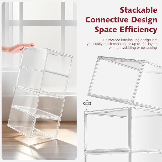 1 Pack Clear Shoe Storage Boxes Stackable, Large Sneaker Organizer with Acrylic Magnetic Door, Plastic Drop Front Shoe Containers for Men up to Size 12.5, Transparent Shoe Organizer for Closet - Image 5
