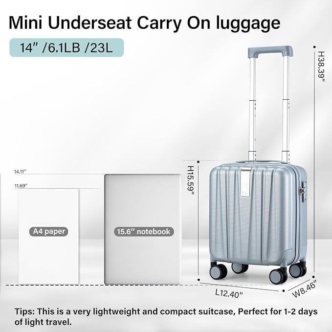 Hanke 14 Inch Underseat Carry On Luggage with Wheels Hard Shell Suitcases Carry On Bag Lightweight Small Mini Suitcase Travel Luggage for Travel（Gray） - Image 3