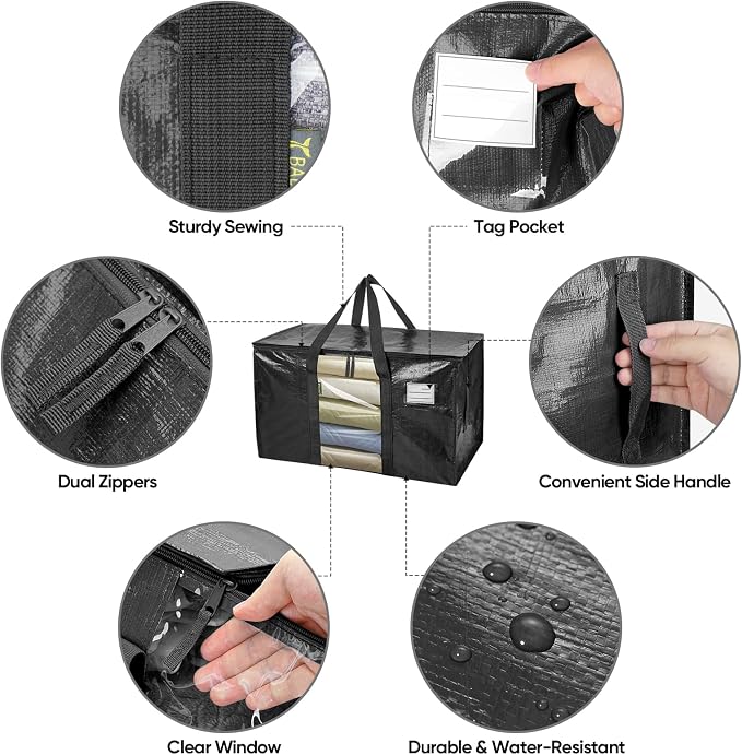 BALEINE 8-Pack Oversized Moving Bags with Reinforced Handles, Heavy-Duty Storage Tote Moving Supplies for Packaging, Camping (Black w/Window, 8-Pack) - Image 3
