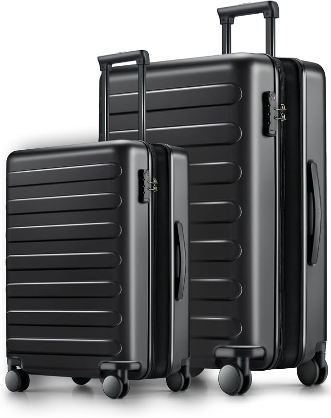 NINETYGO Luggage Sets 2 Piece, Carry On Luggage Airline Approved, Large Checked Luggage with Smooth Spinner Wheels, Expandable, Hard Shell PC Suitcase Sets, TSA Approved, 20in/28in (Black, Rhine Max) by NINETYGO