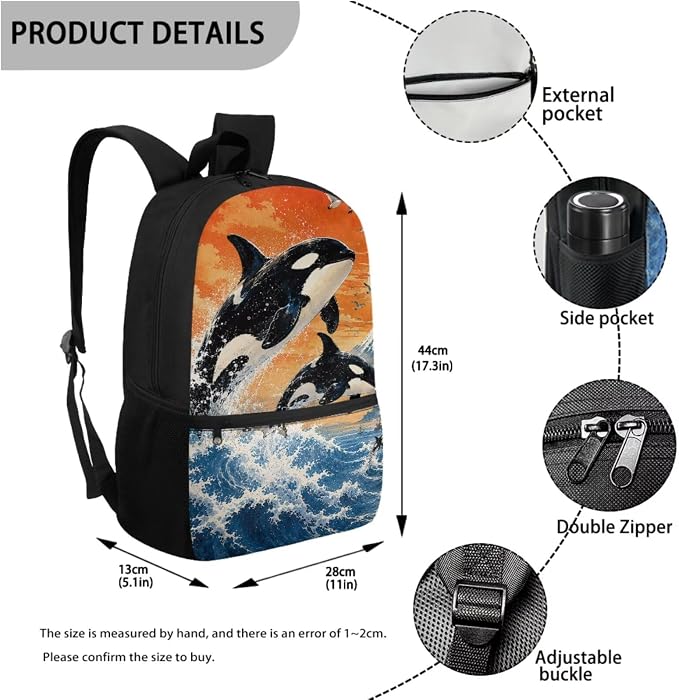 Killer Whale 4 In 1 Kids School Bag Set Water Resistant Backpack with Thermal Lunch Cooler, Pencil Pouch & Water Bottle Cover for Ocean Animal Lovers Girls Boys Back to School Supplies - Image 3