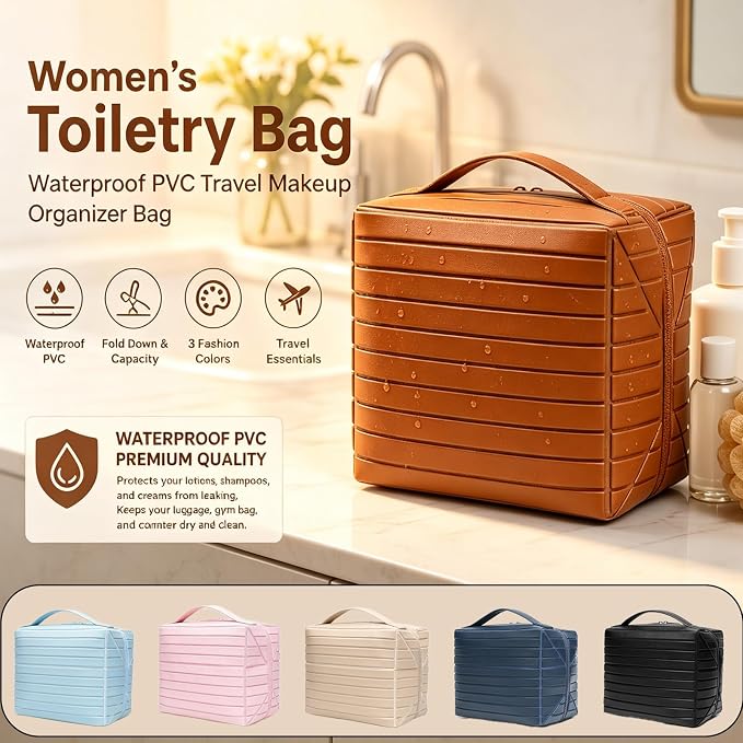 Makeup Bag Fold-Down – Waterproof PVC Travel Makeup Organizer Bag, Fold Down & Stand-Up Design, Large Capacity, Holds Brushes, Cosmetics & Toiletries for Travel, Gym, Home (Khaki) - Image 2