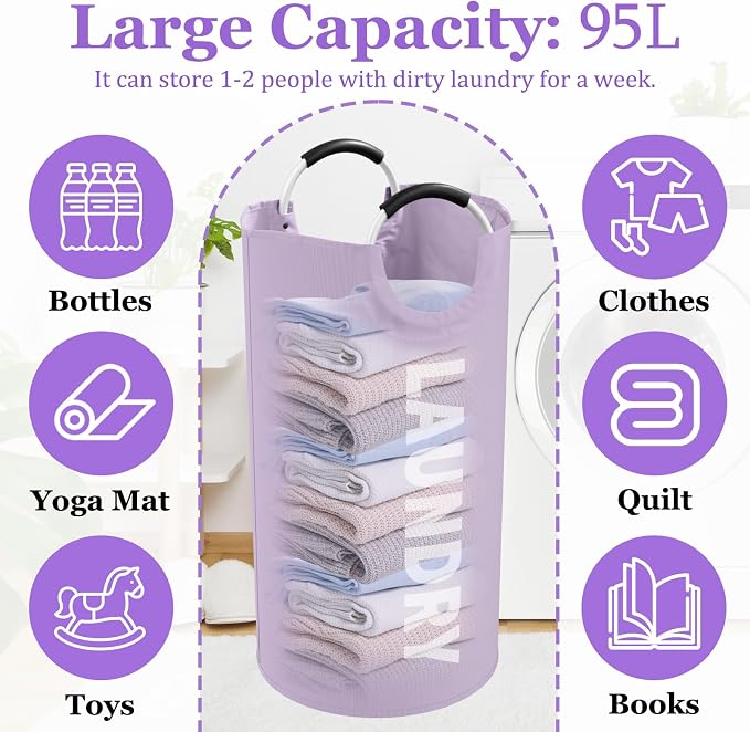 2Pack 95L Purple Collapsible Laundry Basket for Students, Large Laundry Hamper with Handles, Portable Dirty Clothes Hamper, 600D Oxford Fabric Storgae Basket for Bathroom, Dorm - Image 2