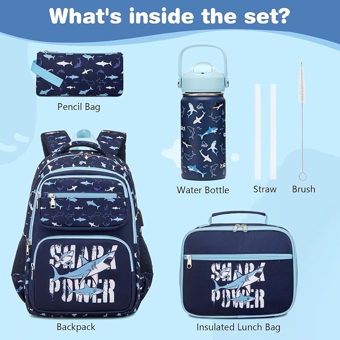 Bevalsa Kids Backpack for Boys with 14oz Insulated Bottle, School Bags for Kids & BPA-FREE Stainless Steel Metal Bottle with Straw Lid for Elementary Middle School Student (Shark) - Image 2