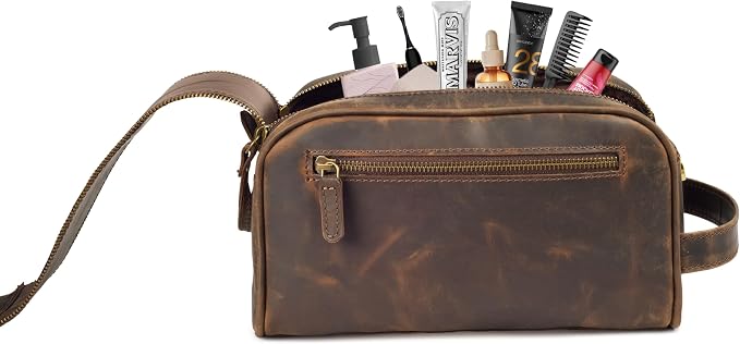 LEATHER VILLAGE Genuine Leather Toiletry Travel Bag With Waterproof Lining - Brown | King-Size Handcrafted Vintage Dopp Kit Bag, Shaving & Bathroom Organizer, Gift for Men & Women - Image 6