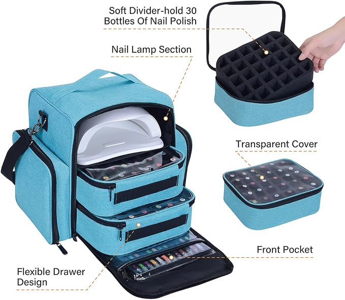 Nail Polish Organizer Case Hold 60 Bottles with 2 Detachable Bag,Green | Portable Travel Storage Box Designed for Women's Nail Tools, Essential Oils and Cosmetics Sets - Image 4