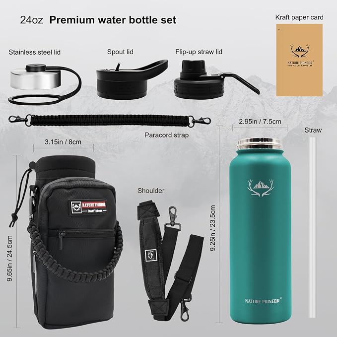 NATURE PIONEOR 24 oz Insulated Water Bottle with Carrier Bag & 3 Lids | 18/8 Food-grade Stainless Steel, Double Vacuum Insulation, 3 Leak-proof Lids, Strap, Camping, Hiking, Gym, Work - Image 5
