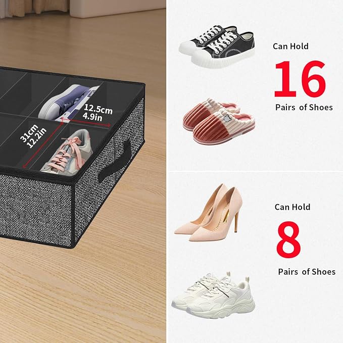 Onlyeasy Sturdy Under Bed Shoe Storage Solution Organizer For Closet Fit 16x2 Pairs, Underbed Shoes Container Bags with Reinforced Handles, Breathable, Linen-like Black, MXAUBS16P2 - Image 7