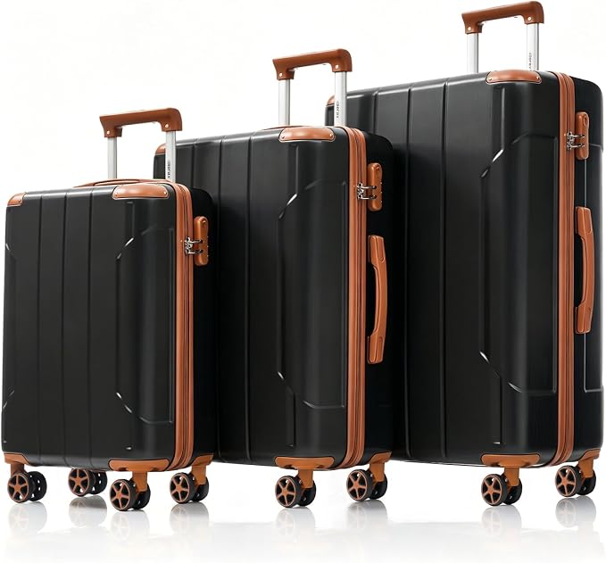 Merax Luggage Set 3 Piece, Hard Shell Suitcase Set with Spinner Wheels, Lightweight and Durable, Telescoping Handle, Carry On Luggage for Business and Vacation Travel (Black Brown) by Merax