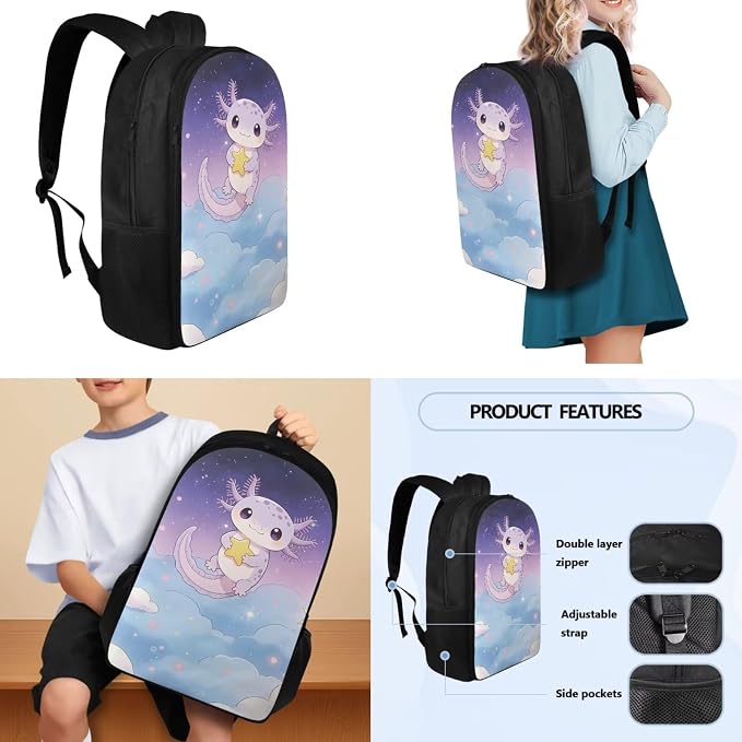 Axolotl Backpack Set for Girls with Water Bottle Sleeve Lunch Box Pencil Case for School, School Backpack Kids Student Back to School Bookbag - Image 3
