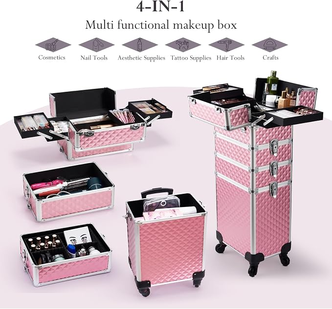 Faquenc Professional 4 in 1 Rolling Makeup Train Case with Wheels Cosmetic Trolley and Cosmetology Cart Trunk for Makeup Artists Hairstylists Nail Techs and Salons Large Capacity Pink - Image 6