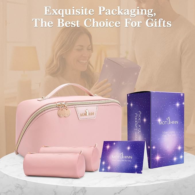 Travel Makeup Bag for Women: 3-in-1 Large Capacity Cosmetics Organizer with 2 Detachable Pouch - Vegan Leather Flat Open Toiletry Bag - Portable Travel Essentials for Full-Sized Bottles(Pink) - Image 7