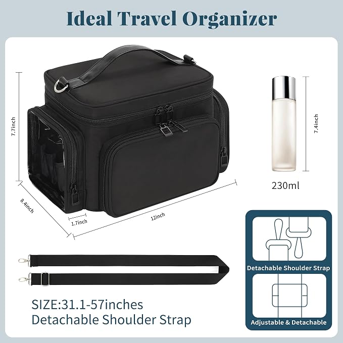 Bagmoly Makeup Bag, Portable Large Travel Makeup Bag Organizer for Women Girls with Makeup Brush Compartment, Cosmetic Travel Bag Vertical Storage Toiletry Bag - Black with Shoulder Strap - Image 2
