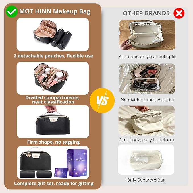 Travel Makeup Bag for Women: 3-in-1 Large Capacity Cosmetics Organizer with 2 Detachable Pouch - Vegan Leather Flat Open Toiletry Bag - Portable Travel Essentials for Full-Sized Bottles-Black - Image 3